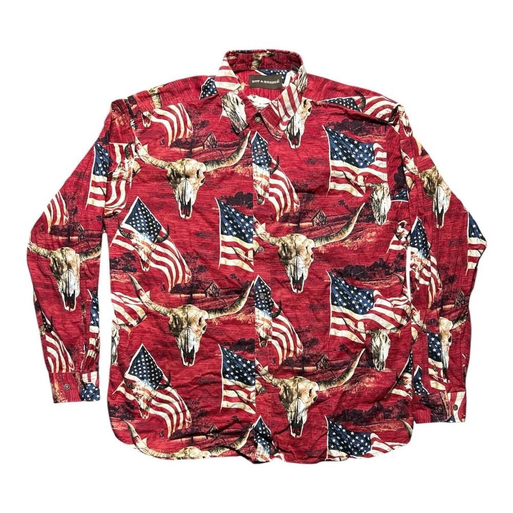 Bit And Bridle Button Down Bull Skull Flags Long Sleeve Men L July Red White